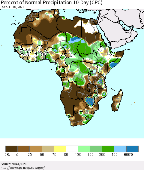 Africa Percent of Normal Precipitation 10-Day (CPC) Thematic Map For 9/1/2021 - 9/10/2021