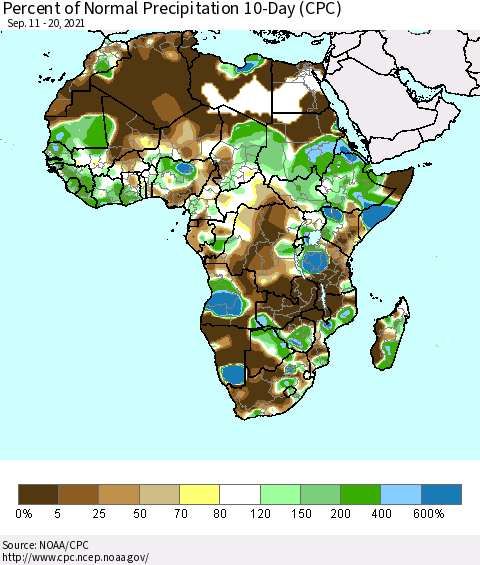 Africa Percent of Normal Precipitation 10-Day (CPC) Thematic Map For 9/11/2021 - 9/20/2021