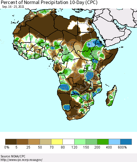 Africa Percent of Normal Precipitation 10-Day (CPC) Thematic Map For 9/16/2021 - 9/25/2021