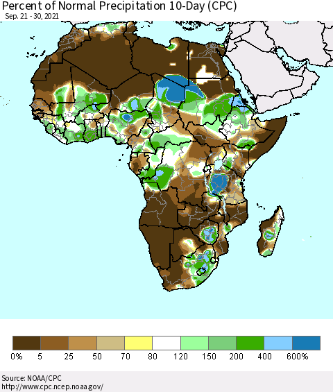Africa Percent of Normal Precipitation 10-Day (CPC) Thematic Map For 9/21/2021 - 9/30/2021