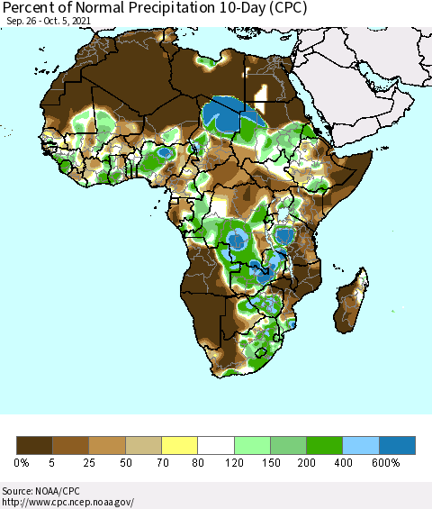 Africa Percent of Normal Precipitation 10-Day (CPC) Thematic Map For 9/26/2021 - 10/5/2021