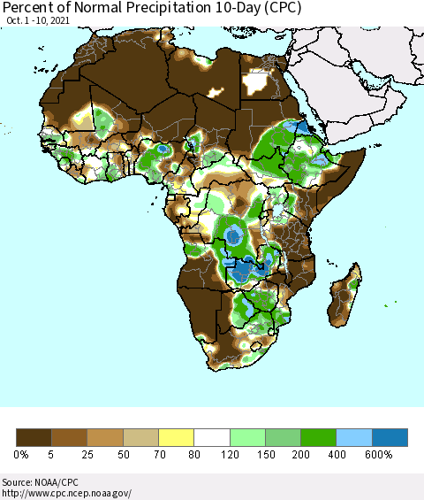 Africa Percent of Normal Precipitation 10-Day (CPC) Thematic Map For 10/1/2021 - 10/10/2021