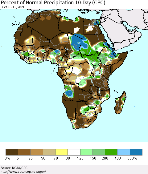 Africa Percent of Normal Precipitation 10-Day (CPC) Thematic Map For 10/6/2021 - 10/15/2021