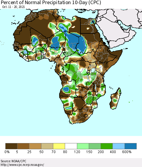 Africa Percent of Normal Precipitation 10-Day (CPC) Thematic Map For 10/11/2021 - 10/20/2021