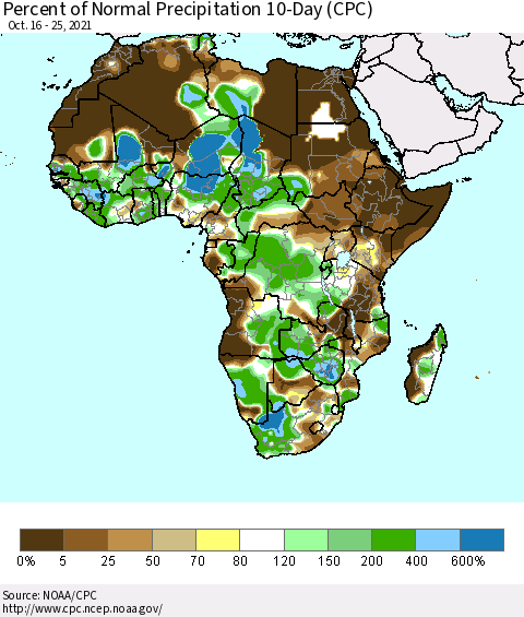 Africa Percent of Normal Precipitation 10-Day (CPC) Thematic Map For 10/16/2021 - 10/25/2021