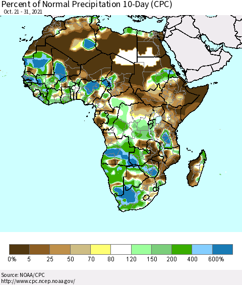 Africa Percent of Normal Precipitation 10-Day (CPC) Thematic Map For 10/21/2021 - 10/31/2021
