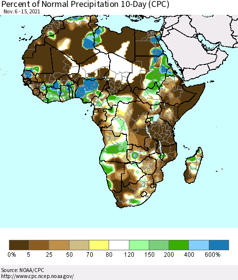 Africa Percent of Normal Precipitation 10-Day (CPC) Thematic Map For 11/6/2021 - 11/15/2021