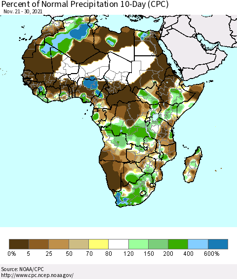 Africa Percent of Normal Precipitation 10-Day (CPC) Thematic Map For 11/21/2021 - 11/30/2021