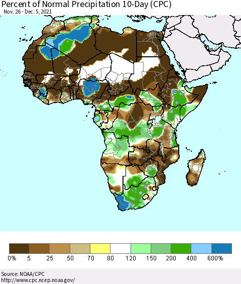 Africa Percent of Normal Precipitation 10-Day (CPC) Thematic Map For 11/26/2021 - 12/5/2021