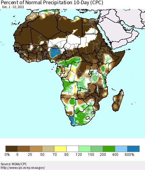 Africa Percent of Normal Precipitation 10-Day (CPC) Thematic Map For 12/1/2021 - 12/10/2021
