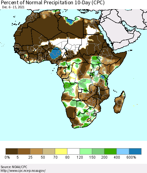 Africa Percent of Normal Precipitation 10-Day (CPC) Thematic Map For 12/6/2021 - 12/15/2021