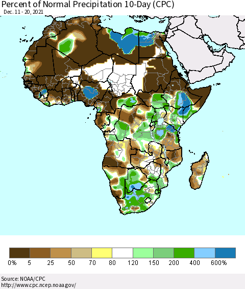 Africa Percent of Normal Precipitation 10-Day (CPC) Thematic Map For 12/11/2021 - 12/20/2021
