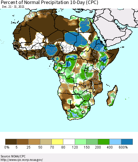 Africa Percent of Normal Precipitation 10-Day (CPC) Thematic Map For 12/21/2021 - 12/31/2021
