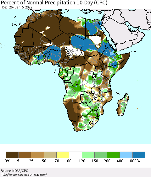 Africa Percent of Normal Precipitation 10-Day (CPC) Thematic Map For 12/26/2021 - 1/5/2022