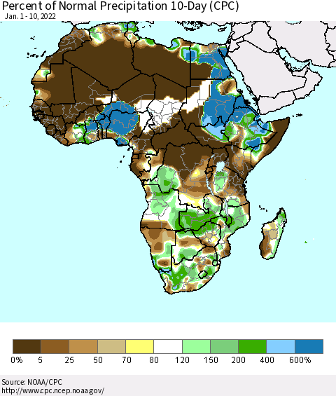 Africa Percent of Normal Precipitation 10-Day (CPC) Thematic Map For 1/1/2022 - 1/10/2022