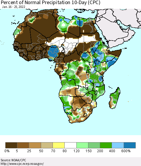 Africa Percent of Normal Precipitation 10-Day (CPC) Thematic Map For 1/16/2022 - 1/25/2022