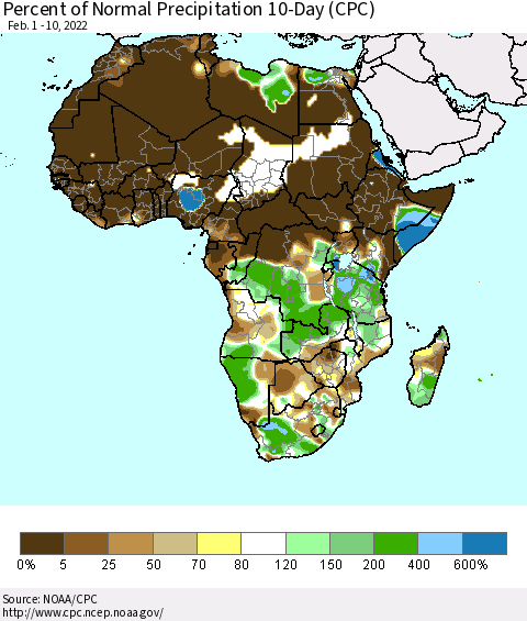 Africa Percent of Normal Precipitation 10-Day (CPC) Thematic Map For 2/1/2022 - 2/10/2022