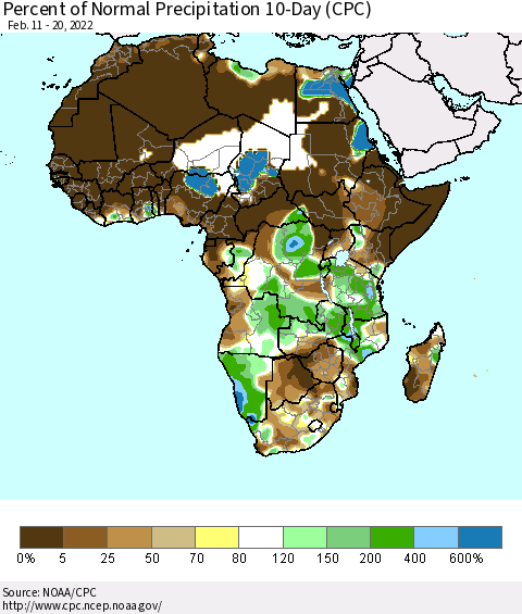 Africa Percent of Normal Precipitation 10-Day (CPC) Thematic Map For 2/11/2022 - 2/20/2022