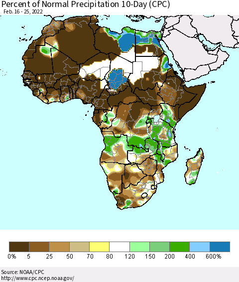 Africa Percent of Normal Precipitation 10-Day (CPC) Thematic Map For 2/16/2022 - 2/25/2022