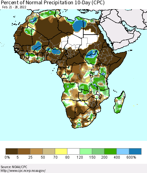 Africa Percent of Normal Precipitation 10-Day (CPC) Thematic Map For 2/21/2022 - 2/28/2022