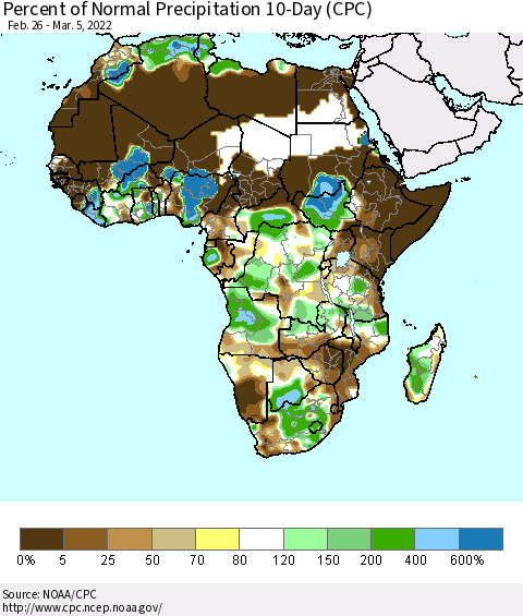 Africa Percent of Normal Precipitation 10-Day (CPC) Thematic Map For 2/26/2022 - 3/5/2022