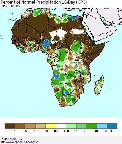 Africa Percent of Normal Precipitation 10-Day (CPC) Thematic Map For 3/1/2022 - 3/10/2022