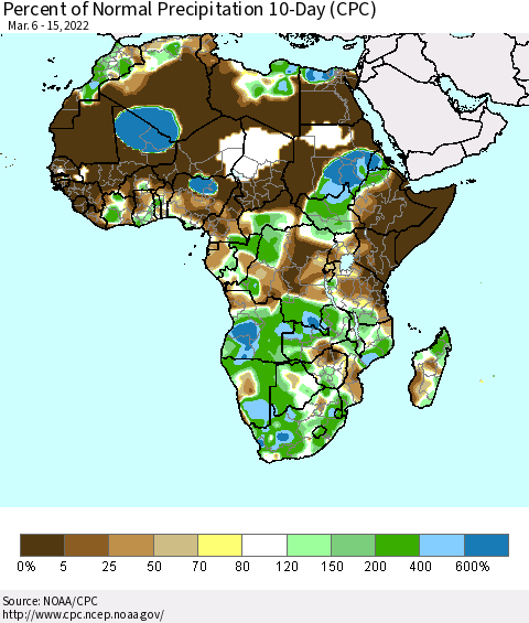 Africa Percent of Normal Precipitation 10-Day (CPC) Thematic Map For 3/6/2022 - 3/15/2022