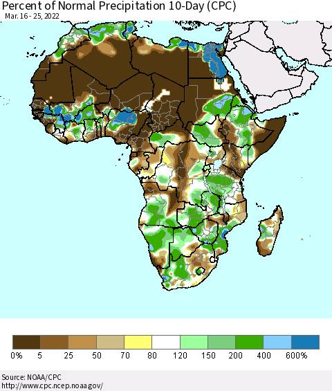 Africa Percent of Normal Precipitation 10-Day (CPC) Thematic Map For 3/16/2022 - 3/25/2022