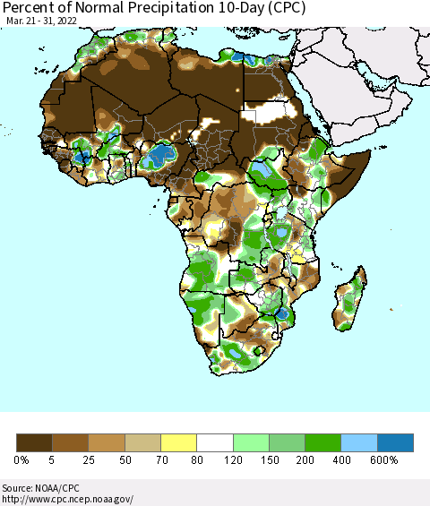 Africa Percent of Normal Precipitation 10-Day (CPC) Thematic Map For 3/21/2022 - 3/31/2022