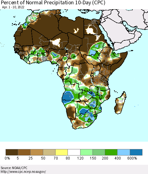Africa Percent of Normal Precipitation 10-Day (CPC) Thematic Map For 4/1/2022 - 4/10/2022
