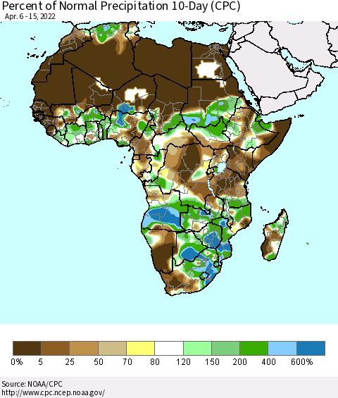 Africa Percent of Normal Precipitation 10-Day (CPC) Thematic Map For 4/6/2022 - 4/15/2022
