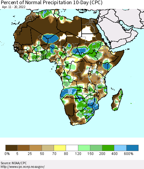 Africa Percent of Normal Precipitation 10-Day (CPC) Thematic Map For 4/11/2022 - 4/20/2022