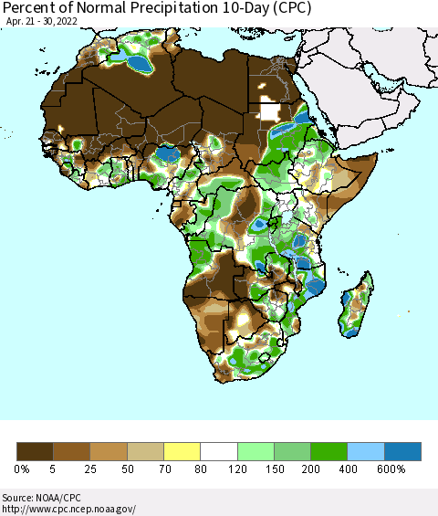 Africa Percent of Normal Precipitation 10-Day (CPC) Thematic Map For 4/21/2022 - 4/30/2022