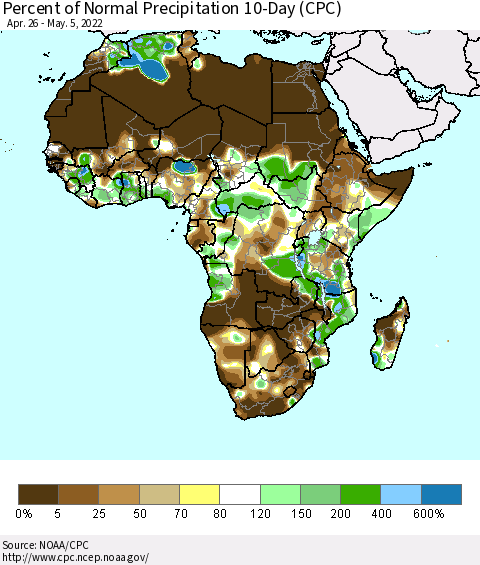 Africa Percent of Normal Precipitation 10-Day (CPC) Thematic Map For 4/26/2022 - 5/5/2022