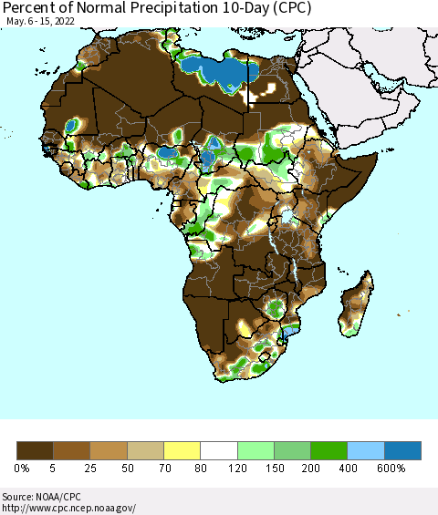 Africa Percent of Normal Precipitation 10-Day (CPC) Thematic Map For 5/6/2022 - 5/15/2022
