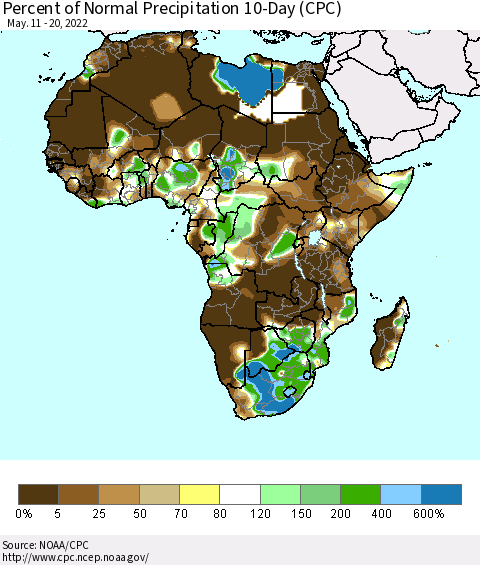 Africa Percent of Normal Precipitation 10-Day (CPC) Thematic Map For 5/11/2022 - 5/20/2022