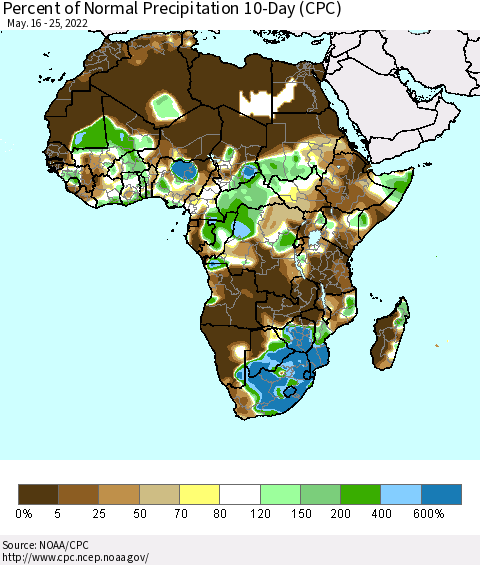 Africa Percent of Normal Precipitation 10-Day (CPC) Thematic Map For 5/16/2022 - 5/25/2022