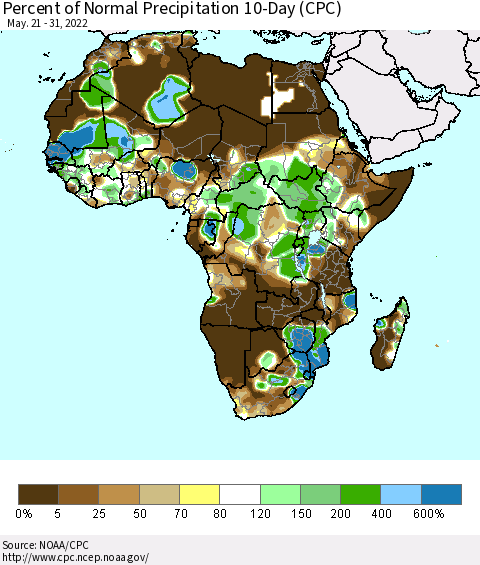 Africa Percent of Normal Precipitation 10-Day (CPC) Thematic Map For 5/21/2022 - 5/31/2022