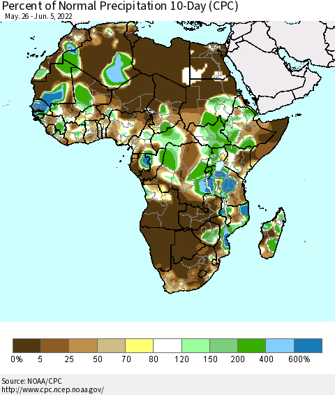 Africa Percent of Normal Precipitation 10-Day (CPC) Thematic Map For 5/26/2022 - 6/5/2022