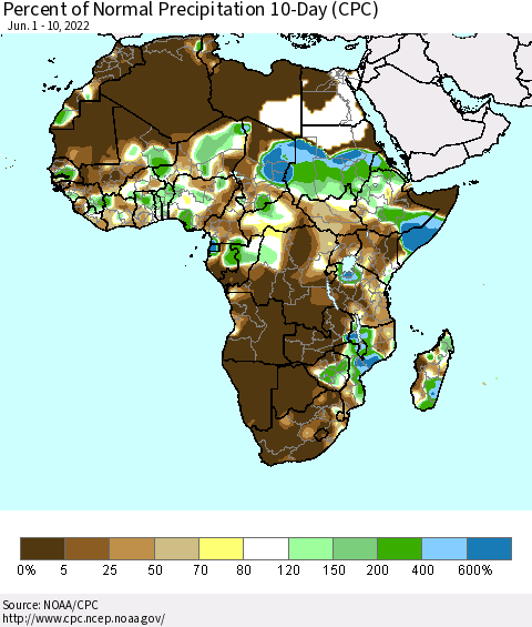 Africa Percent of Normal Precipitation 10-Day (CPC) Thematic Map For 6/1/2022 - 6/10/2022