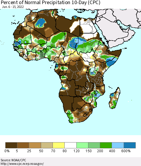 Africa Percent of Normal Precipitation 10-Day (CPC) Thematic Map For 6/6/2022 - 6/15/2022