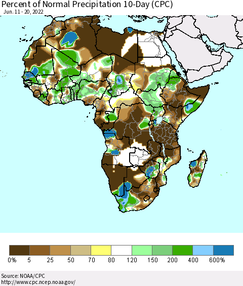 Africa Percent of Normal Precipitation 10-Day (CPC) Thematic Map For 6/11/2022 - 6/20/2022