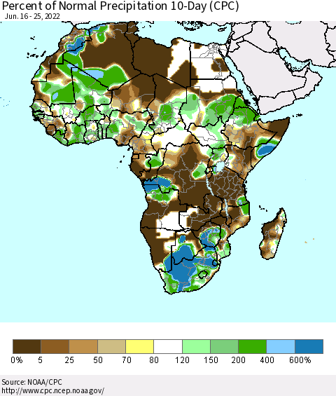 Africa Percent of Normal Precipitation 10-Day (CPC) Thematic Map For 6/16/2022 - 6/25/2022