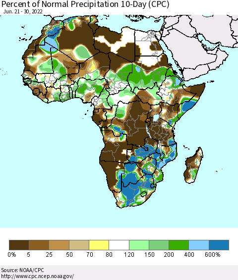 Africa Percent of Normal Precipitation 10-Day (CPC) Thematic Map For 6/21/2022 - 6/30/2022