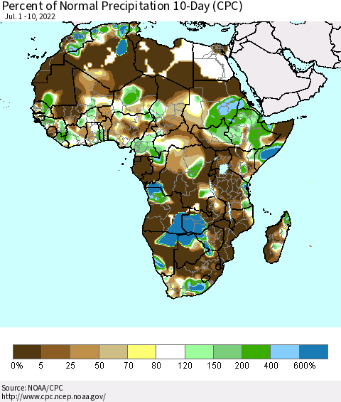 Africa Percent of Normal Precipitation 10-Day (CPC) Thematic Map For 7/1/2022 - 7/10/2022
