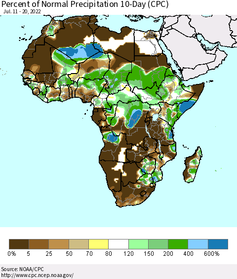 Africa Percent of Normal Precipitation 10-Day (CPC) Thematic Map For 7/11/2022 - 7/20/2022
