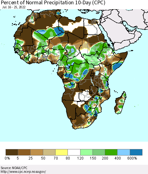 Africa Percent of Normal Precipitation 10-Day (CPC) Thematic Map For 7/16/2022 - 7/25/2022