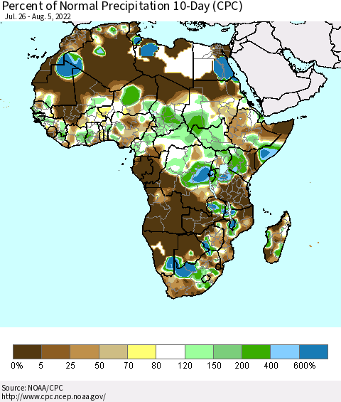 Africa Percent of Normal Precipitation 10-Day (CPC) Thematic Map For 7/26/2022 - 8/5/2022