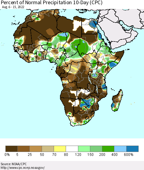 Africa Percent of Normal Precipitation 10-Day (CPC) Thematic Map For 8/6/2022 - 8/15/2022