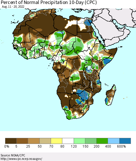 Africa Percent of Normal Precipitation 10-Day (CPC) Thematic Map For 8/11/2022 - 8/20/2022